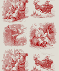 A vintage-style red toile de Jouy print featuring six illustrations of Santa Claus and children, shown on a cream-colored background.