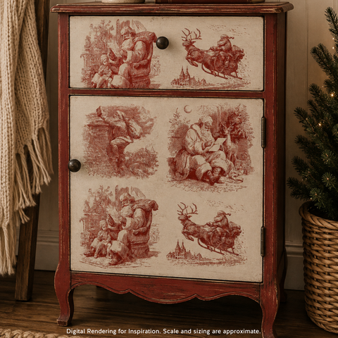 A rustic wooden nightstand or cabinet with two drawers, featuring vintage-style red sepia illustrations of Santa Claus and reindeer on the front panels. The cabinet is shown in a cozy room setting next to a Christmas tree and a woven blanket.