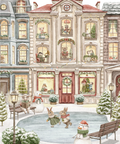 A festive watercolor-style illustration of a snowy town square with a central ice rink. European-style buildings line the street, decorated with warm windows, greenery, and holiday lights.