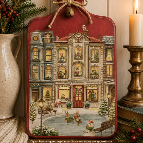 A decorative cutting board with a vintage storefront building decoupage paper, shown in a styled holiday scene with a candle, vase, evergreen branches, and small winter figures in front of the shop. The ornament has a red top section, tan and gray building facade, warm yellow window lights, and a snowy ground scene.