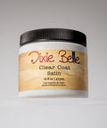 A container of Dixie Belle Clear Coat Satin, 16 fl oz (473 mL), with a black lid and a tan label, displayed against a neutral background.