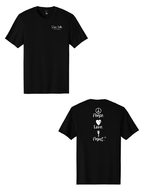 A black short-sleeve t-shirt shown from both front and back views against a plain white background. The front has a small white 'Dixie Belle Paint Company' logo on the left chest, and the back features a white graphic reading 'Peace Love Paint' with a peace sign, heart, and paint brush.
