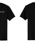 Black t-shirt with white text and graphics on front and back