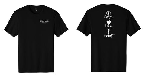 Black t-shirt with white text and graphics on front and back