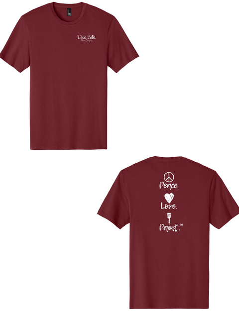 Maroon t-shirt with 'Peace Love Paint' design on a white background