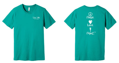 Teal t-shirt with 'Peace Love Paint' design on a white background