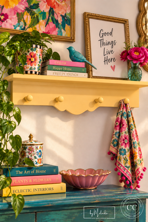 A styled interior scene with a yellow floating shelf holding framed art, books, a blue bird figurine, flowers, and a patterned towel. A turquoise console table below holds a pink scalloped bowl and stacked books, with a green plant in the foreground against a white wall.