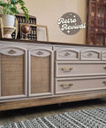 Wooden dresser with wicker doors and drawers, styled in a home interior setting with 'Retro Revival' branding.