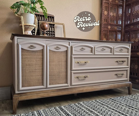 Wooden dresser with wicker doors and drawers, styled in a home interior setting with 'Retro Revival' branding.
