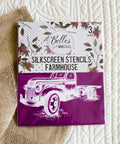 Silkscreen stencils packaging with vintage truck design on a textured surface