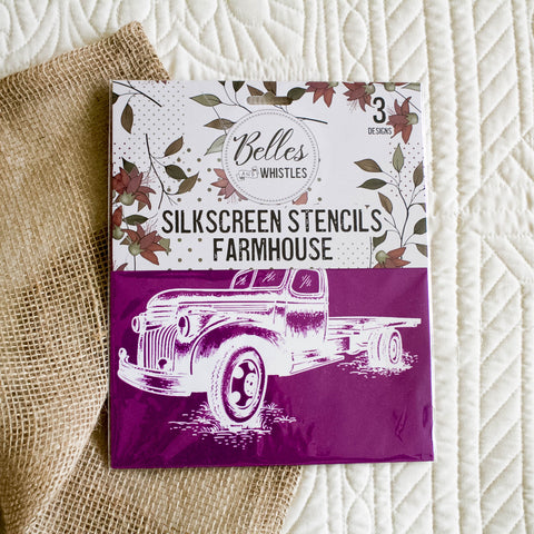 Silkscreen stencils packaging with vintage truck design on a textured surface