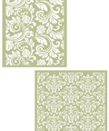 Image of Filigree Silkscreen Stencil. 2 sheets of filigree patterns. One of the sheets patterns' resemble a crown. The other is a leaf-like swirl design.