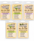 Five packaged Bath and Body Scrubby Soap All-In-One soap bars arranged on a white background. The packages are clear plastic with hanger tabs and display the different scent options: Olive Oil & Lavender, Olive Oil & Aloe, Goat Milk & Lavender, Goat Milk & Aloe, and Goat Milk & Island Vibe.
