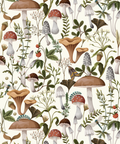 Pattern of various mushrooms and leaves on a light background