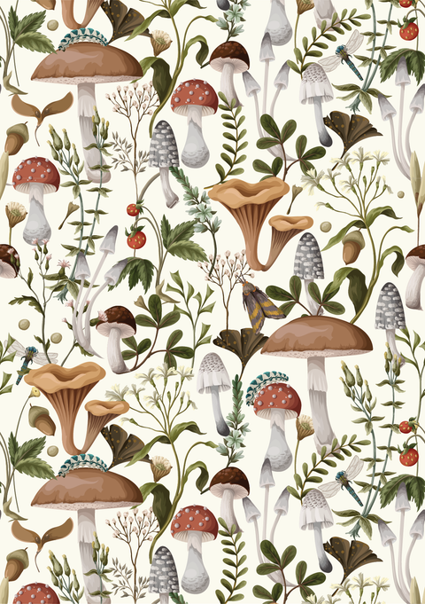 Pattern of various mushrooms and leaves on a light background