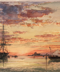 A vertical watercolor painting of a harbor scene at sunset, showing silhouetted ships and masts against a glowing sky with orange, gold, red, and blue tones.