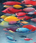 A colorful painted underwater scene with a school of fish in red, yellow, blue, purple, and gray tones against a dark blue water background.