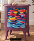 A purple side table with a colorful school-of-fish decoupage on the front door, styled in a cozy room setting with a plant, books, and a vase. Label reads "Digital Rendering for Inspiration. Scale and sizing are approximate."