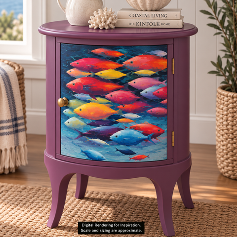A purple side table with a colorful school-of-fish decoupage on the front door, styled in a cozy room setting with a plant, books, and a vase. Label reads "Digital Rendering for Inspiration. Scale and sizing are approximate."