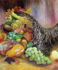 A still life painting of a cornucopia filled with fruit, including yellow pears, green grapes, apples, and berries, set against a painterly background.