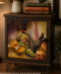 A rustic dark wood side cabinet with a large front panel showing a painted still life of a cornucopia with pumpkins, grapes, and fruit. The cabinet stands on black metal legs in a warmly lit room, with a lamp, books, and potted plants around it.