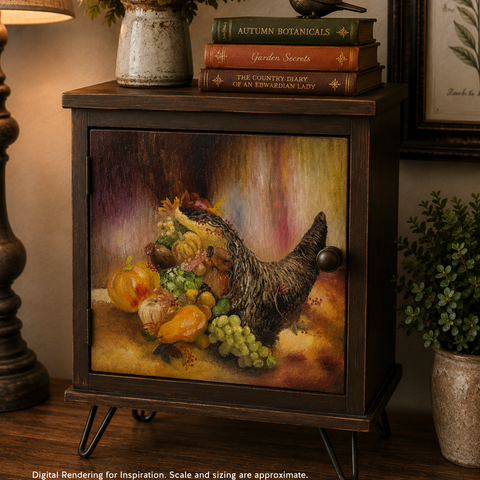 A rustic dark wood side cabinet with a large front panel showing a painted still life of a cornucopia with pumpkins, grapes, and fruit. The cabinet stands on black metal legs in a warmly lit room, with a lamp, books, and potted plants around it.