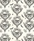 Gothic repeating pattern featuring black skulls framed by roses and ornate baroque-style borders, with small black bats, spiders, and webs on an off-white background.
