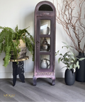 Decorative tall cabinet with ornate design, surrounded by plants and vases on a wooden floor.