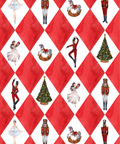 A harlequin diamond pattern in red and white, decorated with watercolor-style illustrations of ballet dancers, nutcrackers, rocking horses, and Christmas trees.