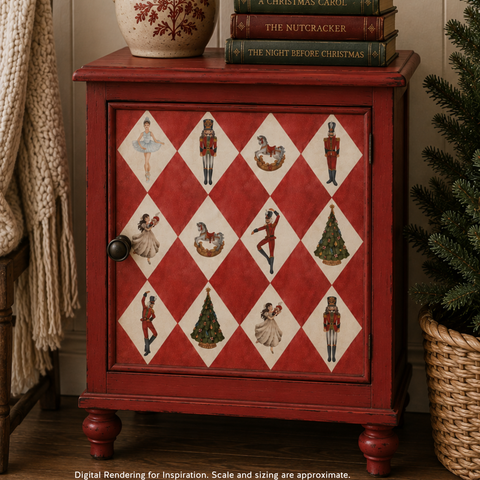 A red wooden cabinet with a holiday-themed diamond pattern on the door, styled in a cozy room setting with books and a ceramic vase on top.