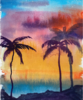 Decoupage of a watercolor painting of a tropical sunset scene with silhouetted palm trees against a vibrant sky of blue, pink, orange, and yellow.