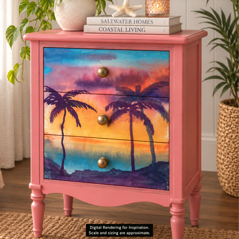 A pink three-drawer nightstand with a colorful tropical sunset palm tree decoupage on the front, shown in a styled room setting with plants and books on top. Label reads "Digital Rendering for Inspiration. Scale and sizing are approximate."