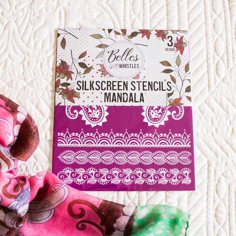 Silkscreen stencils packaging with mandala design on a textured white background