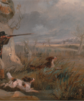 A classic oil painting of a hunting scene, depicting a man in a dark coat and hat aiming a long gun, with a hunting dog in the foreground and ducks flying overhead in a marshy landscape under a cloudy sky.