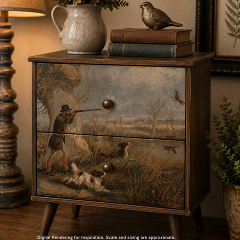 A rustic wooden nightstand with two drawers, featuring a detailed hunting scene painted on the front. The nightstand is styled in a cozy room setting with a lamp, books, a ceramic pitcher, and a bird figurine on top.