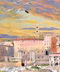 Decoupage of a watercolor painting of a coastal cityscape with buildings, a tower, seagulls, and a reflective water surface in warm gold, yellow, peach, and muted blue-gray tones.