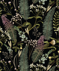 Botanical pattern with ferns and other plants on a black background
