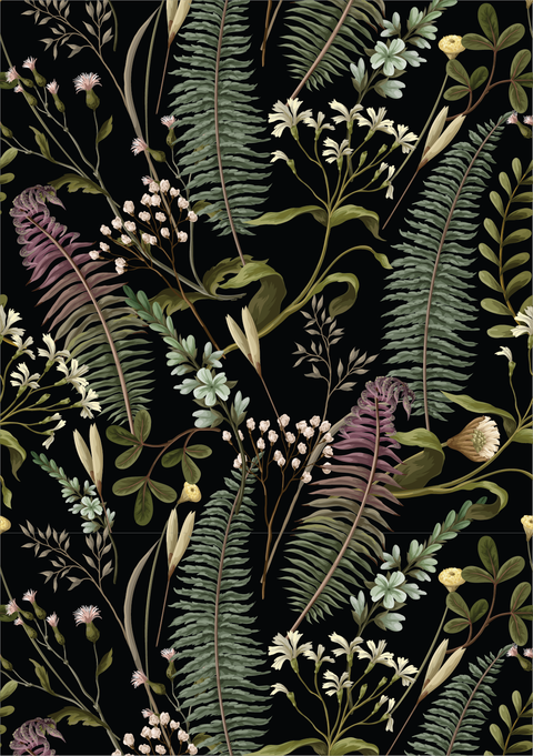 Botanical pattern with ferns and other plants on a black background