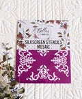 Silkscreen stencils packaging with mosaic design on a textured white background