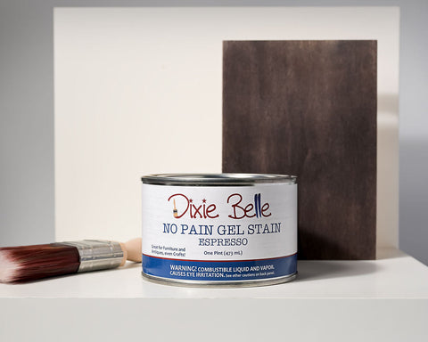 Dixie Belle Espresso No Pain Gel Stain can with a brush and color swatch on a gray background