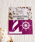 Silkscreen stencils packaging with nautical design on a textured white surface