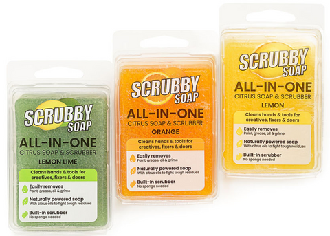 Three Scrubby All-in-One Soaps on a white background
