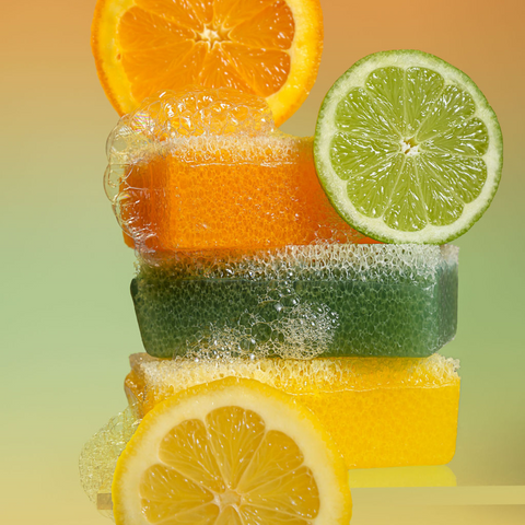 Stack of scrubby soap bars accompanied by citrus fruits on a gradient background