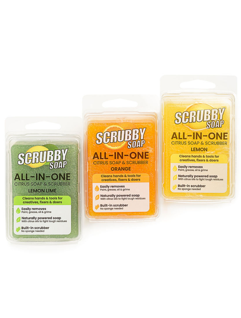 Three Scrubby All-in-One Soap and Scrubber products on a white background