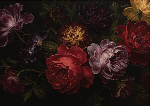 Dark floral arrangement with deep red, purple, and yellow flowers on a black background