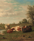 A classical landscape painting depicting cows grazing on a grassy hill under a cloudy sky, with trees in the foreground and a wide expanse of blue sky.