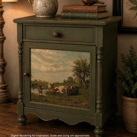A vintage-style painted cabinet shown in a styled interior scene. The cabinet is dark green with ornate turned legs, a single drawer with a round knob, and a front panel featuring a painted pastoral landscape with cows and trees.
