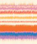An abstract horizontal striped pattern with textured, brush-like bands in pink, red, yellow, orange, blue, and purple on a warm cream background.