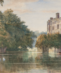 Watercolor painting decoupage paper of a castle with lush greenery and a river