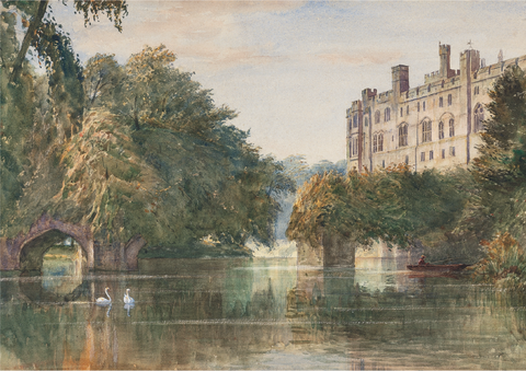 Watercolor painting decoupage paper of a castle with lush greenery and a river